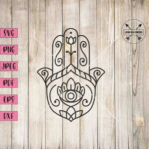 Peut inclure: Un dessin au trait noir et blanc de la main de Hamsa, un symbole de protection et de bonne chance, avec un œil au centre. Le design est complexe et détaillé, avec des motifs floraux et des volutes.