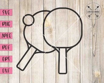 May include: Black and white line art illustration of two ping pong paddles and a ball. The paddles are crossed over each other. The image is on a wood grain background.
