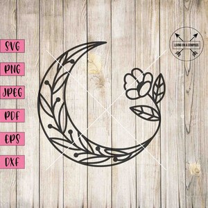 Crescent moon svg, floral moon svg, moon svg, moon art print, moon print, moon png, plant svg, crescent moon, black crescent moon, boho svg