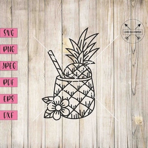 May include: Black and white line art illustration of a pineapple with a straw in a glass. The pineapple is in the shape of a glass with a flower on the side. The text "Living on a Compass" is in a circle with arrows.