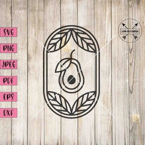 May include: Black line art of an avocado inside an oval frame with leaves. The image includes the text "SVG, PNG, JPEG, PDF, EPS, DXF" on the left and a compass logo on the right. The design is on a light wood background.