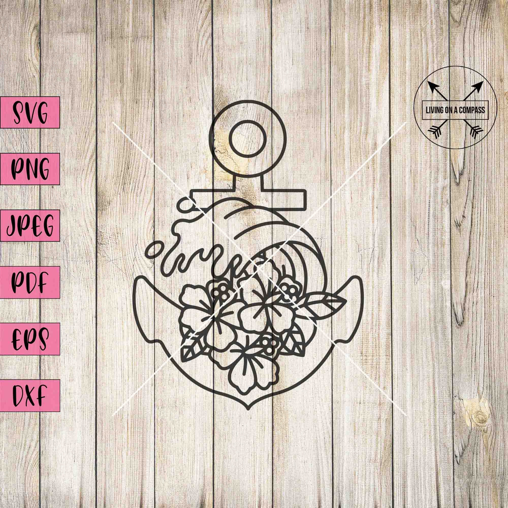 Anchor svg, floral anchor, nautical svg, nautical clipart, waves clip art, nautical png, sailor svg, nautical print, laser cut files, cricut