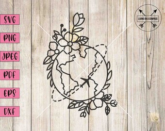 Weltreisender svg, floraler Globus, Globus svg, Globus Clipart, Globus ClipArt, Globus Vektor, Urlaub Aufkleber, Urlaub svg, Reise Clipart