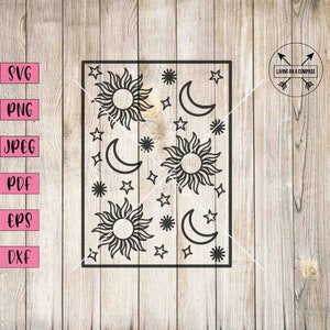 May include: A black and white digital design featuring a repeating pattern of suns, moons, and stars. The design is set within a square frame.