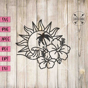 Sun svg, beach clipart, beach wall decal, tropical party decor, tropical wall decals, summer svg, palm tree svg, tropical flower svg, cricut