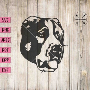 May include: Black and white silhouette of a dog's head, facing forward. The dog has a short, blunt muzzle and floppy ears.