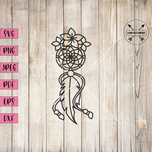 May include: Black line art of a dreamcatcher with floral accents and a feather design. The image includes file type options: SVG, PNG, JPEG, PDF, EPS, and DXF. The words "Living on a Compass" are also in the image.