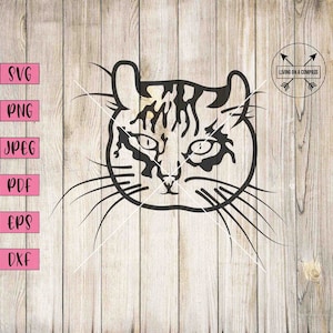 May include: A black and white cat face design with whiskers, set against a light wood grain background. The image includes file type options: SVG, PNG, JPEG, PDF, EPS, and DXF. A circular logo with arrows and text is in the upper right corner.