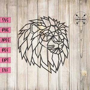 May include: Geometric line art design of a lion's head in black on a woodgrain background. The design is in a low-poly style.