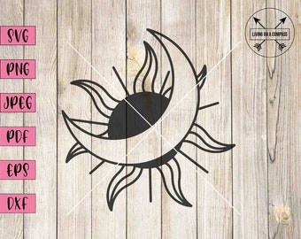 Könnte beinhalten: Schwarz-weiß-Linienkunst-Illustration einer Sonne und eines Mondes mit einer Sichelmondform. Die Sonne hat ein stilisiertes Sonnenstrahlen-Design. Das Bild ist auf einem Holzmaserungshintergrund.