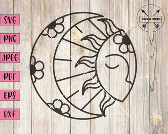 Puede incluir: Ilustración en blanco y negro de línea de arte de un sol y una luna con detalles florales. El sol tiene un ojo cerrado y una boca sonriente. La luna es una forma de media luna con flores alrededor del borde. El texto "Living on a Compass" está en la esquina superior derecha de la imagen.