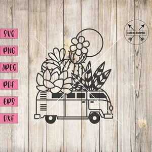 May include: Black and white line art of a vintage van carrying succulents and cacti. A sun and flower are in the background. The image includes the text "SVG, PNG, JPEG, PDF, EPS, DXF" on the left and "Living on a Compass" on the right.