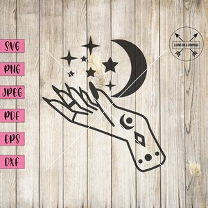Hand and moon svg, tattoo design,  crescent moon svg, hand svg, moon clipart, planet svg, celestial, commercial use, digital, cut file