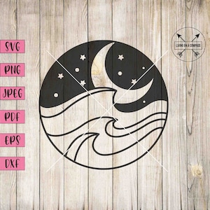 May include: Black and white illustration of a crescent moon and waves in a circle. The moon has stars around it. The text "Living on a Compass" is in a small circle above the illustration.