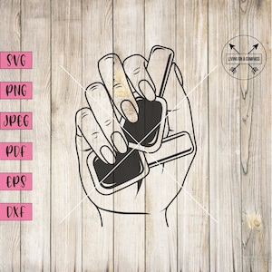 May include: A black and white line drawing of a hand holding two bottles of nail polish. The hand is holding the bottles with the fingers extended and the thumb wrapped around the bottles. The bottles are both closed and have a rounded shape.