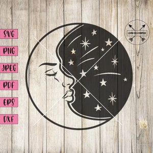 May include: Black and white celestial design featuring a crescent moon with a closed eye and stars. The design is set against a light wood grain background. Includes file type options: SVG, PNG, JPEG, PDF, EPS, and DXF.