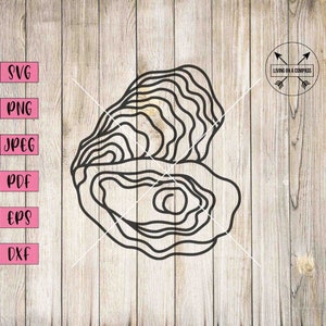 May include: Black and white line art illustration of an oyster shell. The shell is closed and has a detailed, textured design.