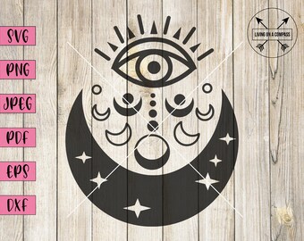 Moon svg, evil eye svg, all seeing eye, moon wall art, evil eye charm, celestial origins, eye of providence, hippie svg, boho svg, mystical