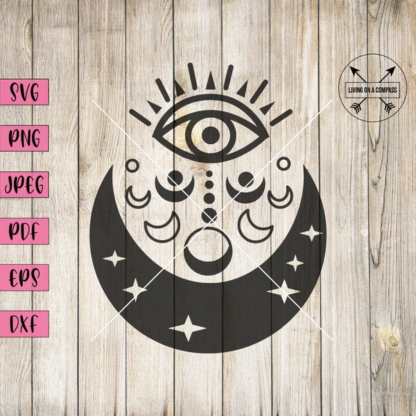 Moon svg, evil eye svg, all seeing eye, moon wall art, evil eye charm, celestial origins, eye of providence, hippie svg, boho svg, mystical