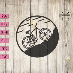 May include: Black and white silhouette of a bicycle riding up a hill inside a circle. The text "Living on a Compass" is above the circle.