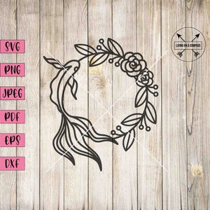 Koi frame svg, koi svg, koi print, fish svg, fish clipart, circle frame svg, circle frame clipart, floral monofram frame, flower wreath svg