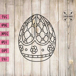 May include: Black and white line art illustration of an ornate Easter egg with a geometric pattern. The egg is decorated with small circles and flowers.