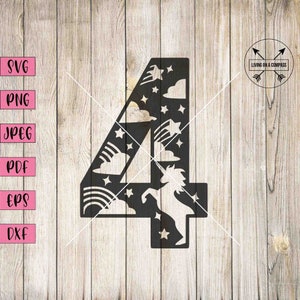 Numero 4 svg, decorazioni per il 4 ° compleanno, numero clipart, numeri svg, stampa numero 4, stampa numerica, numero compleanno svg, unicorno svg, unicorno