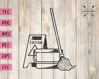 May include: Black and white illustration of a mop, bucket, and caution sign. The sign reads "Caution".