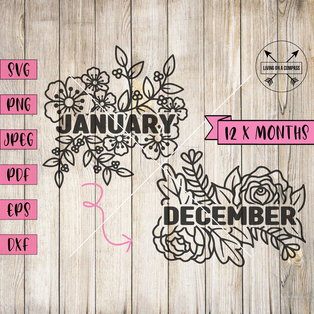 Floral Months Svg, Floral Word Art Png, Flower Birth Month Clipart