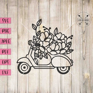 May include: Black and white line art illustration of a scooter with a large bouquet of flowers in the sidecar. The text "Living on a Compass" is in the upper right corner of the image.