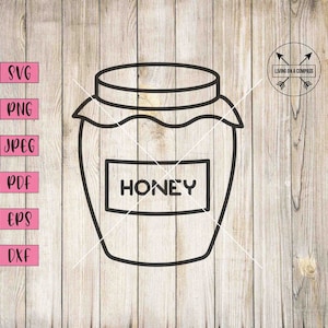 May include: Black and white line art illustration of a honey jar with the word "honey" on the label.