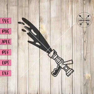 May include: Black silhouette of a fire hose nozzle spraying water. The image includes file type labels: SVG, PNG, JPEG, PDF, EPS, and DXF. A circular logo with the text "LIVING ON A COMPASS" is also present.