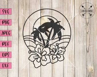 May include: Black silhouette of a tropical scene featuring palm trees, waves, and hibiscus flowers within a circular frame. The image includes the text "SVG, PNG, JPEG, PDF, EPS, DXF" on the left and a logo that says "Living on a Compass" on the right.