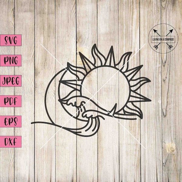 Sun and moon svg, sun and moon wall art, waves art, ocean clipart, ocean wall decal, ocean print, ocean art, sun svg, sun png, sun clipart