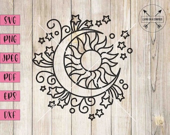 Sun and moon svg, sun and moon wall art, sun and moon wall decor, moon print, moon clipart, moon cut file, moon decal, stars svg, stars png