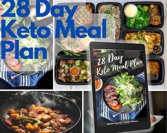 Pode incluir: Um tablet digital mostrando a capa de um e-book intitulado "28 Day Keto Meal Plan" com uma foto de uma salada de carne. O texto na capa diz "28 Day Keto Meal Plan" e "Joshua Carter/Carter Fitness".