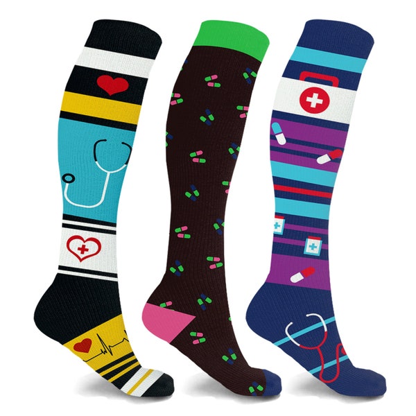 3-Pairs: High Energy Medical Print Expressive Knee-High Compression Socks For Doctors,Nurses,Medical Professionals.