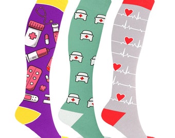 3-Pairs : Pills,Ambulance , Heartbeat Medical Print Knee-High Compression Socks.Great As Gifts