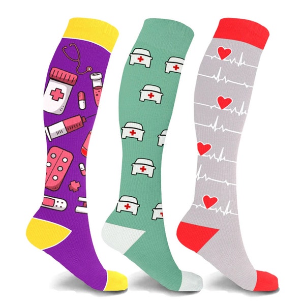 3-Pairs : Pills,Ambulance , Heartbeat Medical Print Knee-High Compression Socks.Great As Gifts