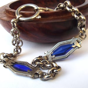 1920s blue glass watch chain, Art deco glass watch chain, blue antique glass watch chain, watch chain accessory, for a gift, for unisex