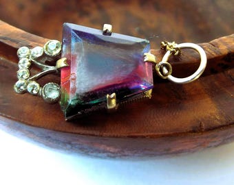 1930s art deco small iris glass pendant and chain, Art deco iris glass small pendant, art deco pendant, for a collector, for a gift