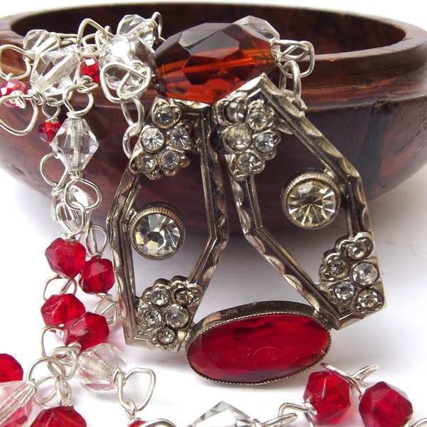 1920s Art deco red glass buckle pendant and necklace, buckle pendant red clear glass necklace, for a collector, for a birthday gift