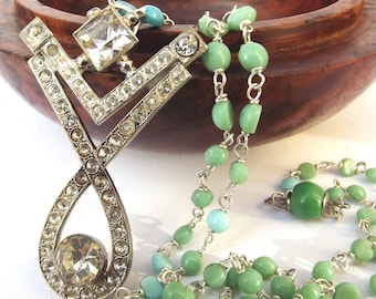 1920s Art Deco Rhinestone Buckle Pendant, Sterling Silver, Blue Green Glass Necklace