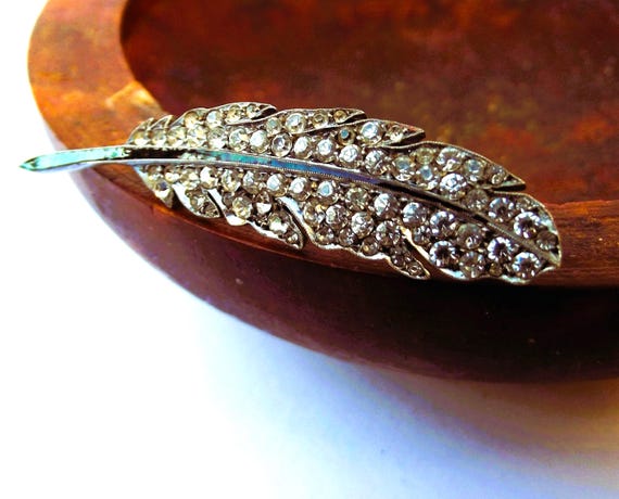 1930s Art Deco Rhinestone Feather Brooch Antique Jewellery