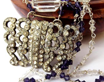 1920s Art Deco Buckle Pendant Antique Rhinestone Purple Clear Glass Jewellery