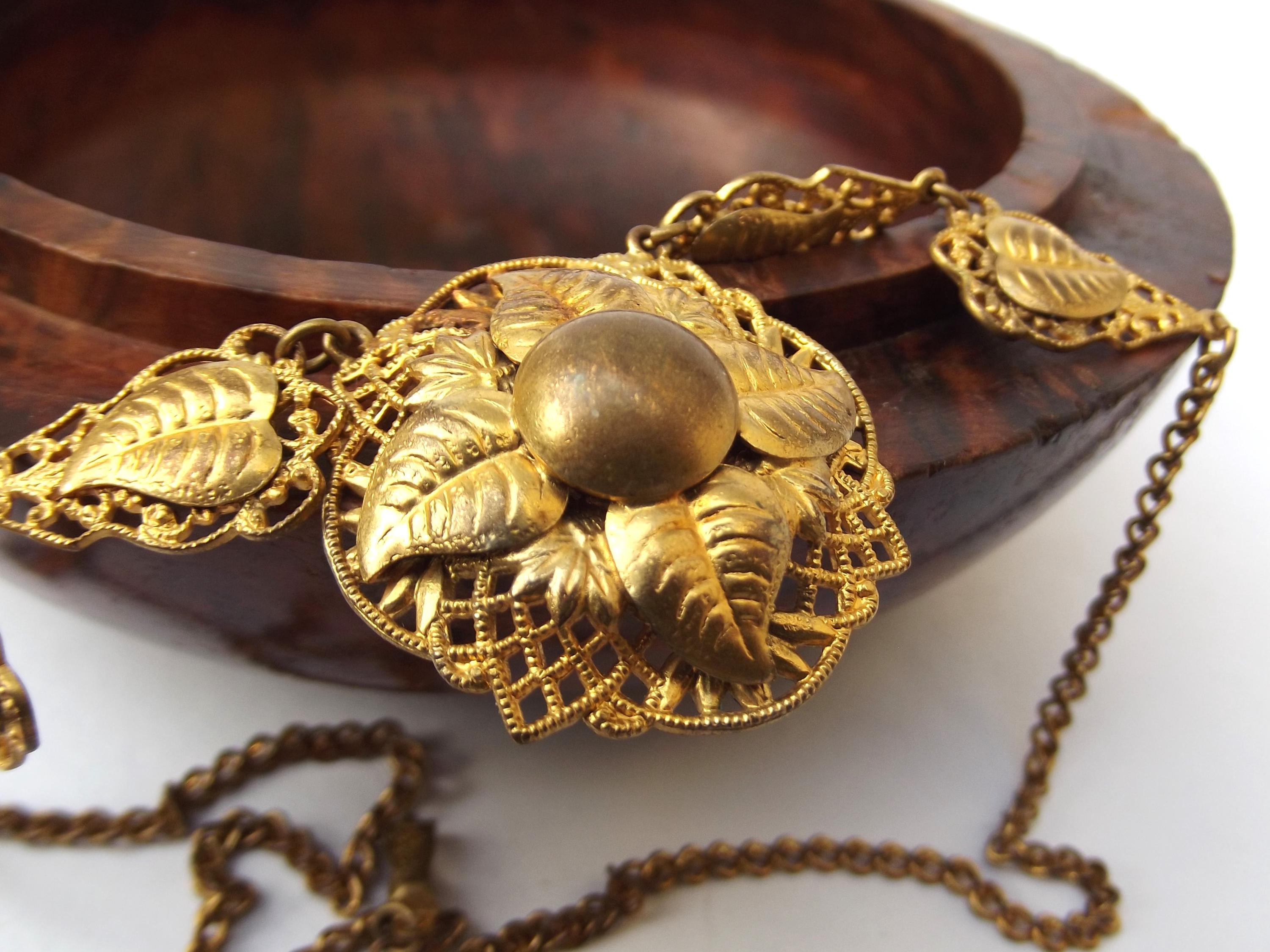 1930s antique brass floral necklace, 1930s brass flower filigree antique necklace, for a gift, for women, gift for her