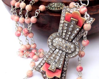 1920s Buckle Pendant Peach Pink Celluloid Crystal Necklace Antique Repurposed Jewellery
