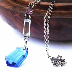 1920s Art deco crystal glass pendant necklace, briolette blue crystal pendant, antique 1920s pendant, Art deco pendant, for a gift, for her