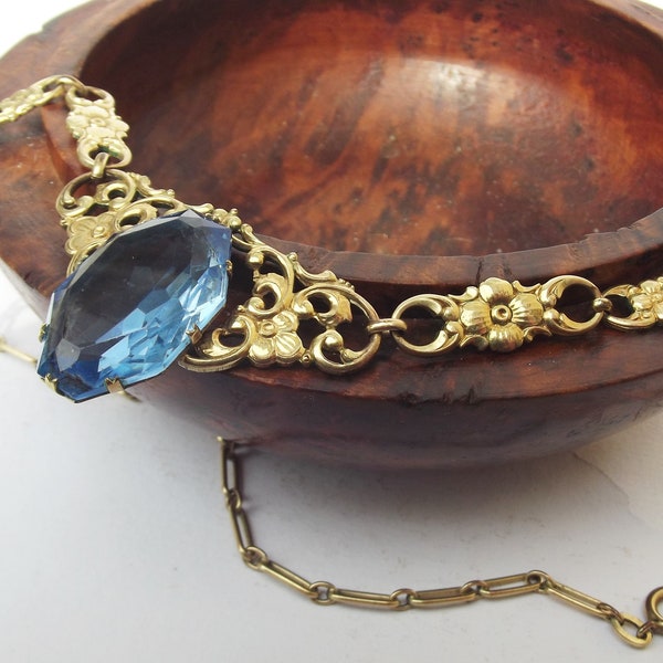 1920er Jahre Art Deco Messing Halskette, Art Deco vergoldete Halskette, Bling Messing Halskette, Art Deco vergoldete Glas Halskette, für einen Sammler, für sie
