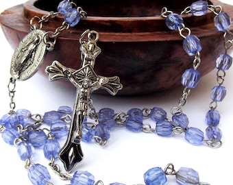 1920s Art Deco Blue Glass Real Rosary White Metal Cross Antique Jewellery